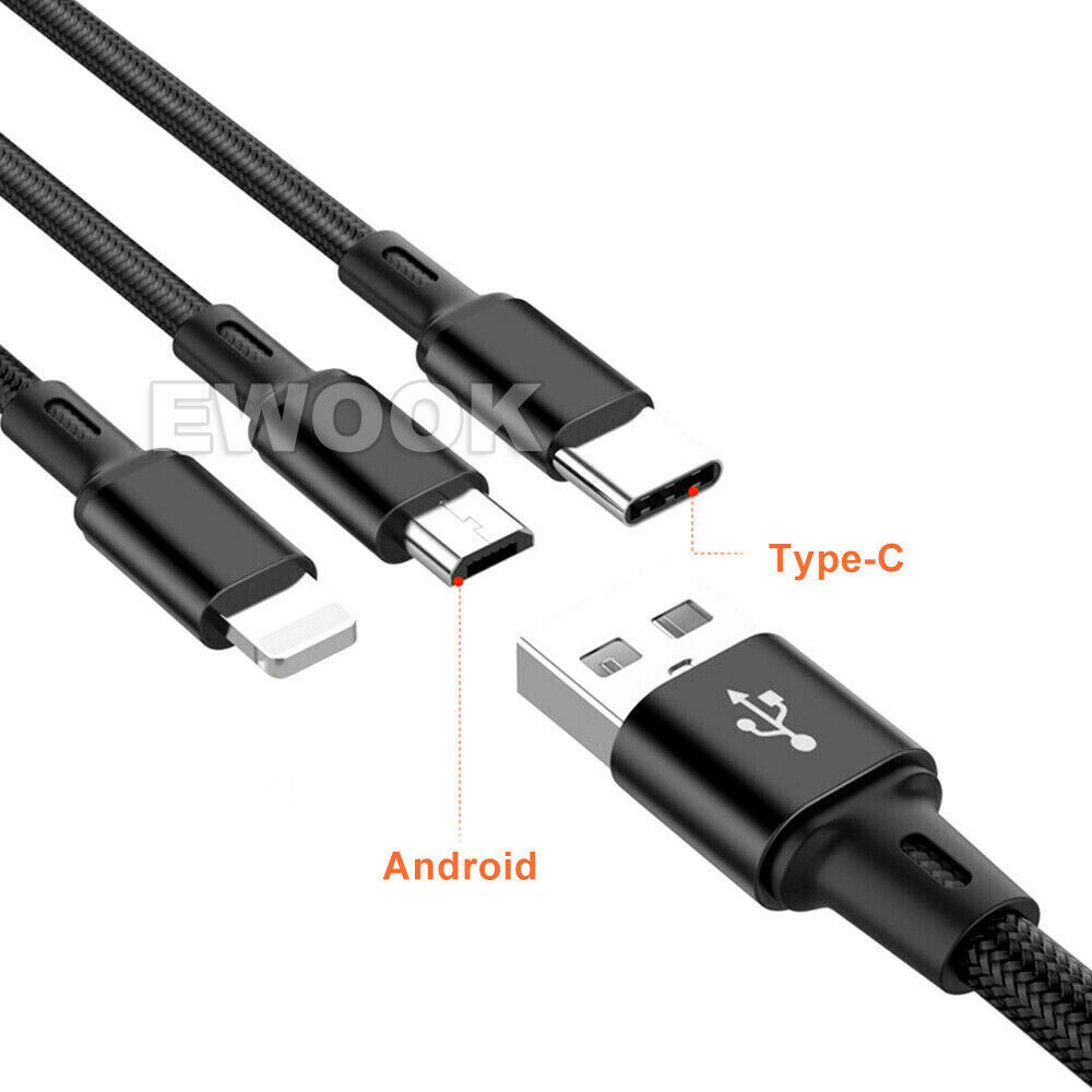 3 in 1 Multi USB Charger Charging Cable Cord For USB TYPE C Android ...